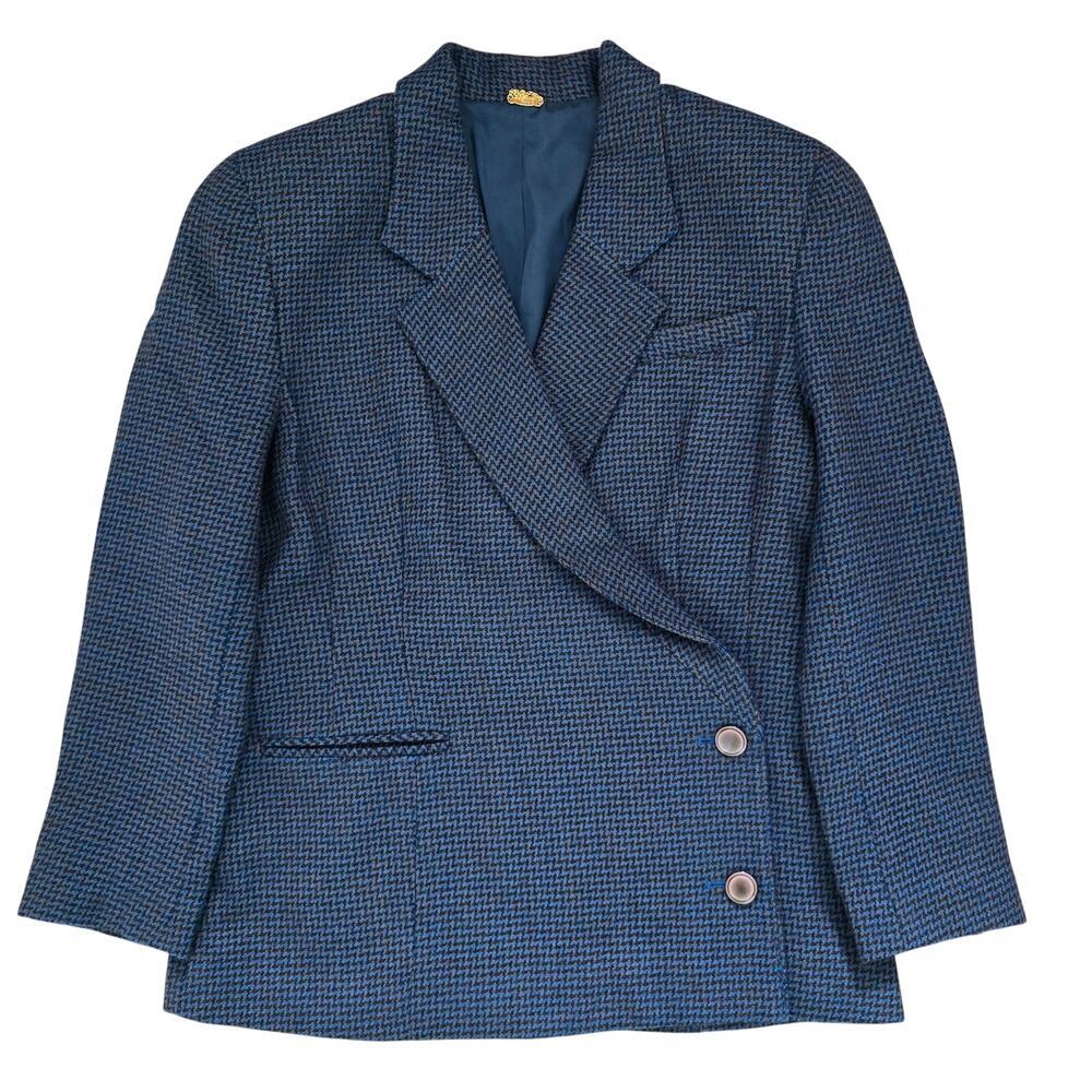 Vintage St. Sophia Paris Double Breasted Wool Blazer Houndstooth Navy EU42 USM - Picture 2 of 10
